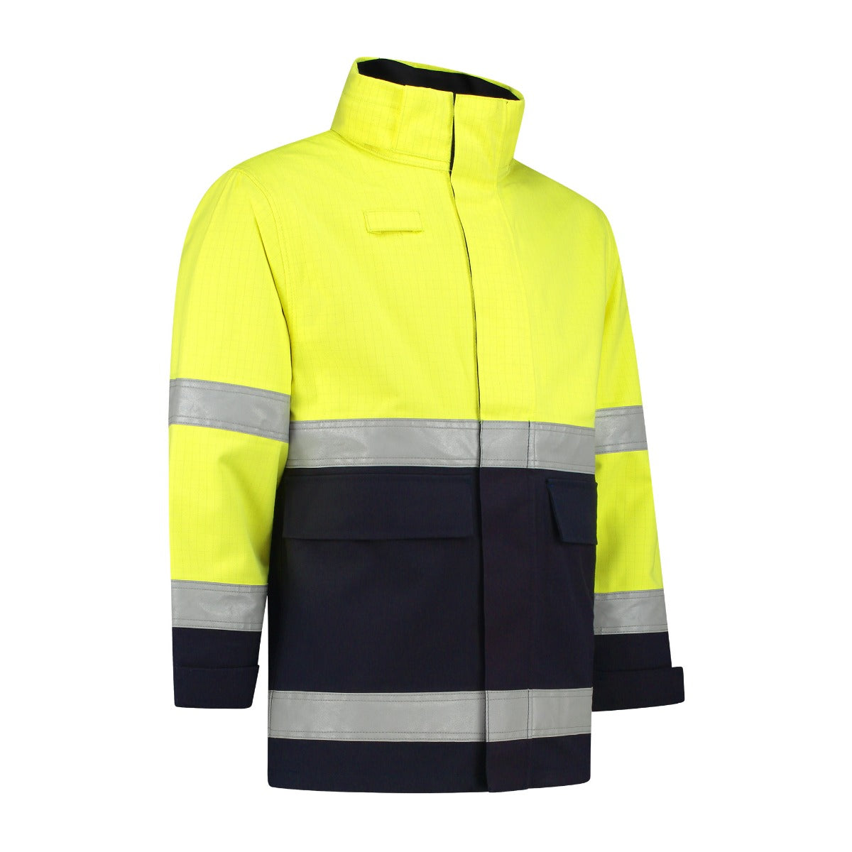 Dapro Blaze multinorm parka werkjas in navy blauw en geel, lichtgewicht en 100% waterdicht, met vlamvertragende, antistatische en lasbestendige eigenschappen. Voorzien van Hi-Vis, verstelbare taille en reflecterende striping voor maximale veiligheid in risicovolle omgevingen.