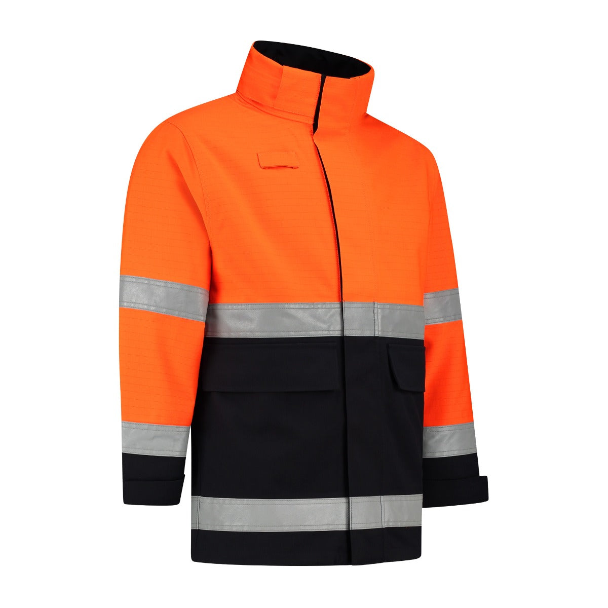 Dapro Blaze multinorm parka werkjas in navy blauw en oranje, lichtgewicht, vlamvertragend, antistatisch, en lasbestendig, met Hi-Vis en verstelbare taille, ontworpen voor maximale veiligheid in industriële, offshore, en petrochemische omgevingen.