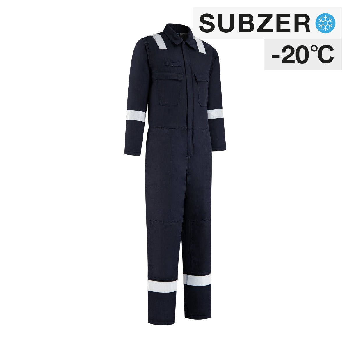 Dapro Blizzard multinorm winter overall in navy blauw, met SubZero® isolerende voering, vlamvertragend, antistatisch, en lasbestendig, voorzien van reflecterende striping en elastische tailleband voor maximale bescherming en comfort in extreme kou.