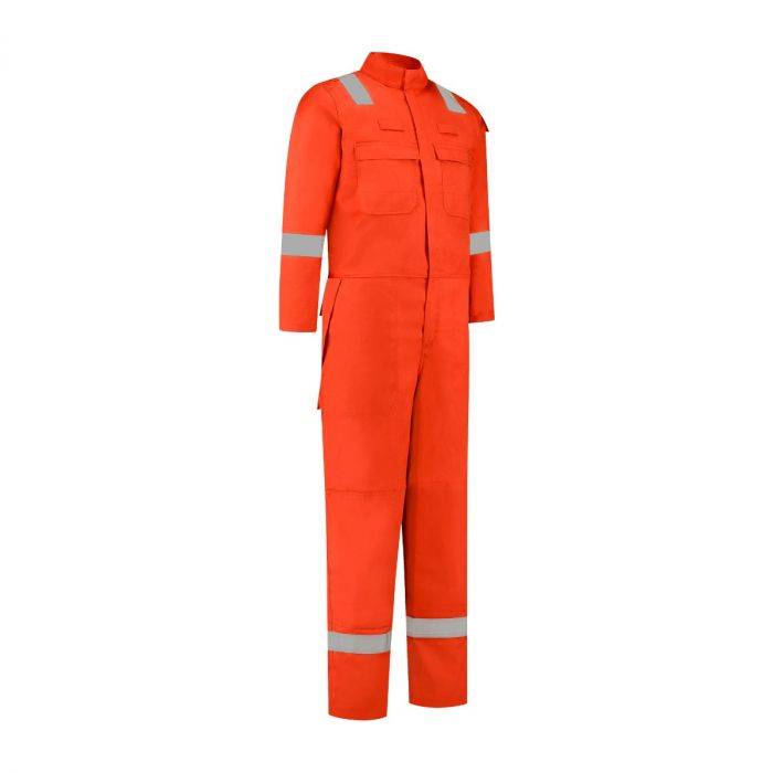 Dapro Diamond coverall in flitsend oranje, ontworpen voor optimale veiligheid en comfort. Voorzien van vlamvertragende, antistatische, lasbestendige en chemische weerstandseigenschappen, evenals arc flash bescherming en reflecterende striping. Met verstelbare elastische taille voor de perfecte pasvorm en Action Armpits voor comfortabel werken boven bereik, ideaal voor zware industriële omgevingen.