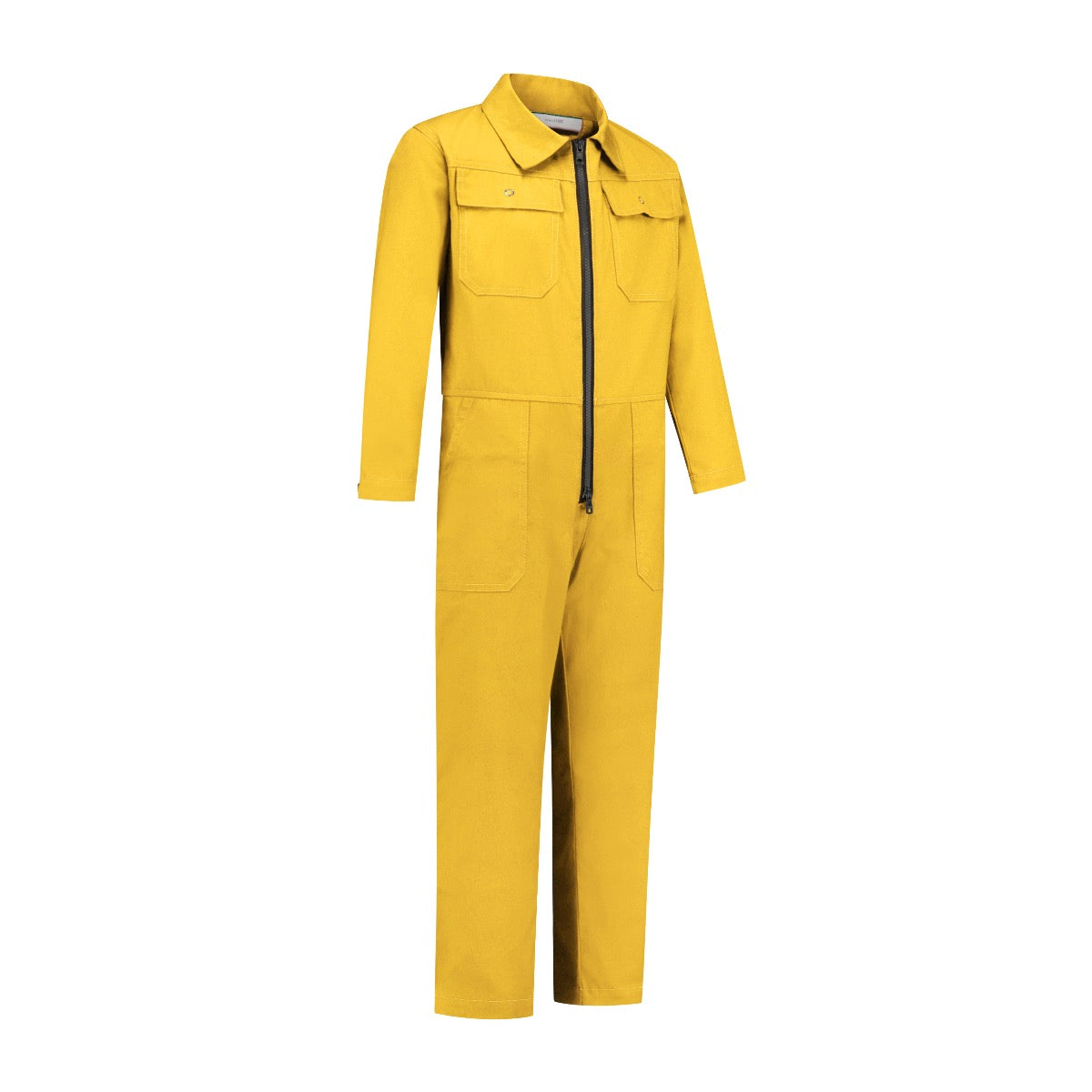 Dapro kinderoverall in geel, gemaakt van 100% katoen, voorkantaanzicht. Ideaal voor buitenspelen, biedt comfort en bescherming voor actieve kinderen.